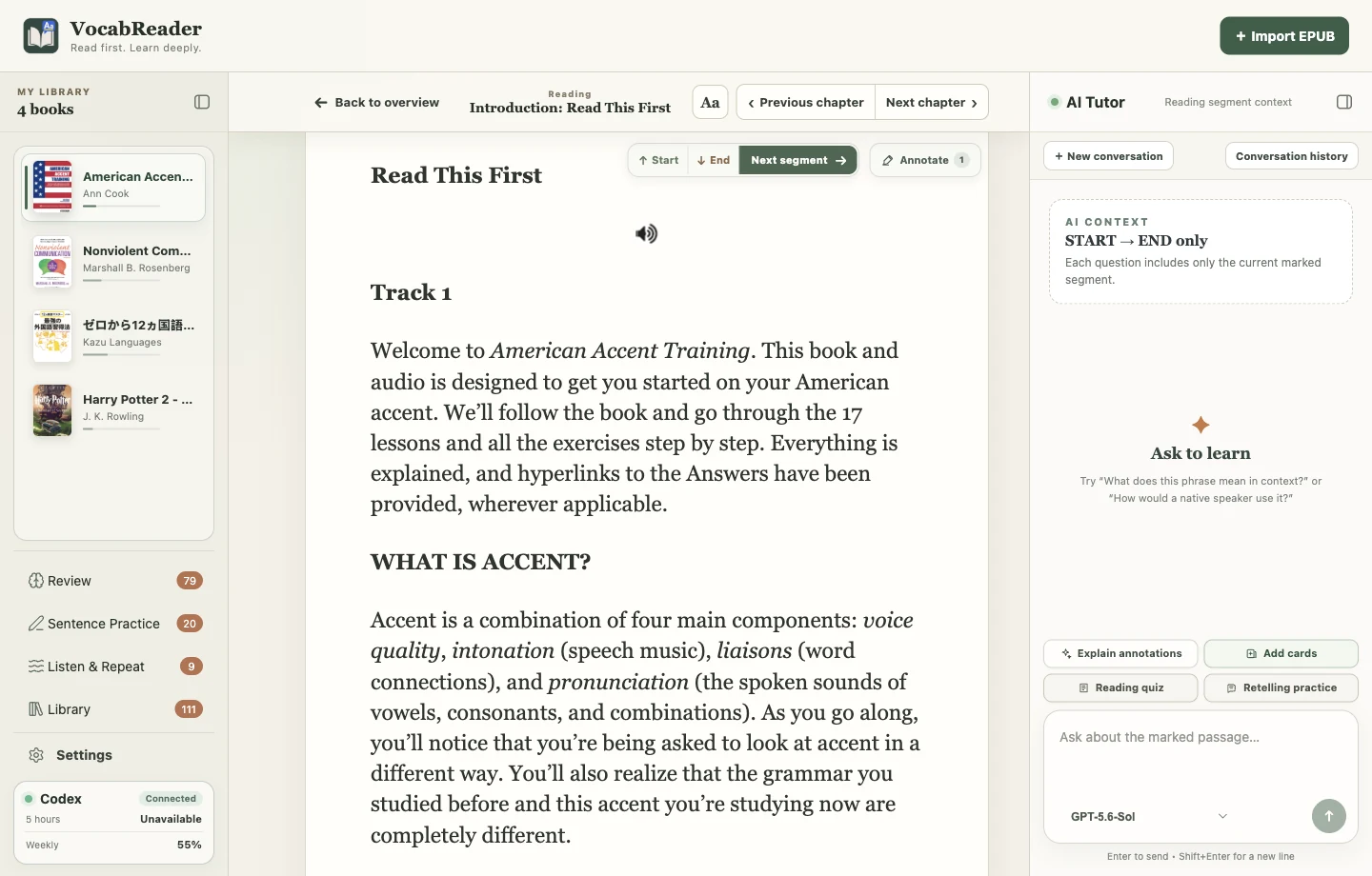 VocabReader 在 EPUB 原文旁顯示 AI Tutor