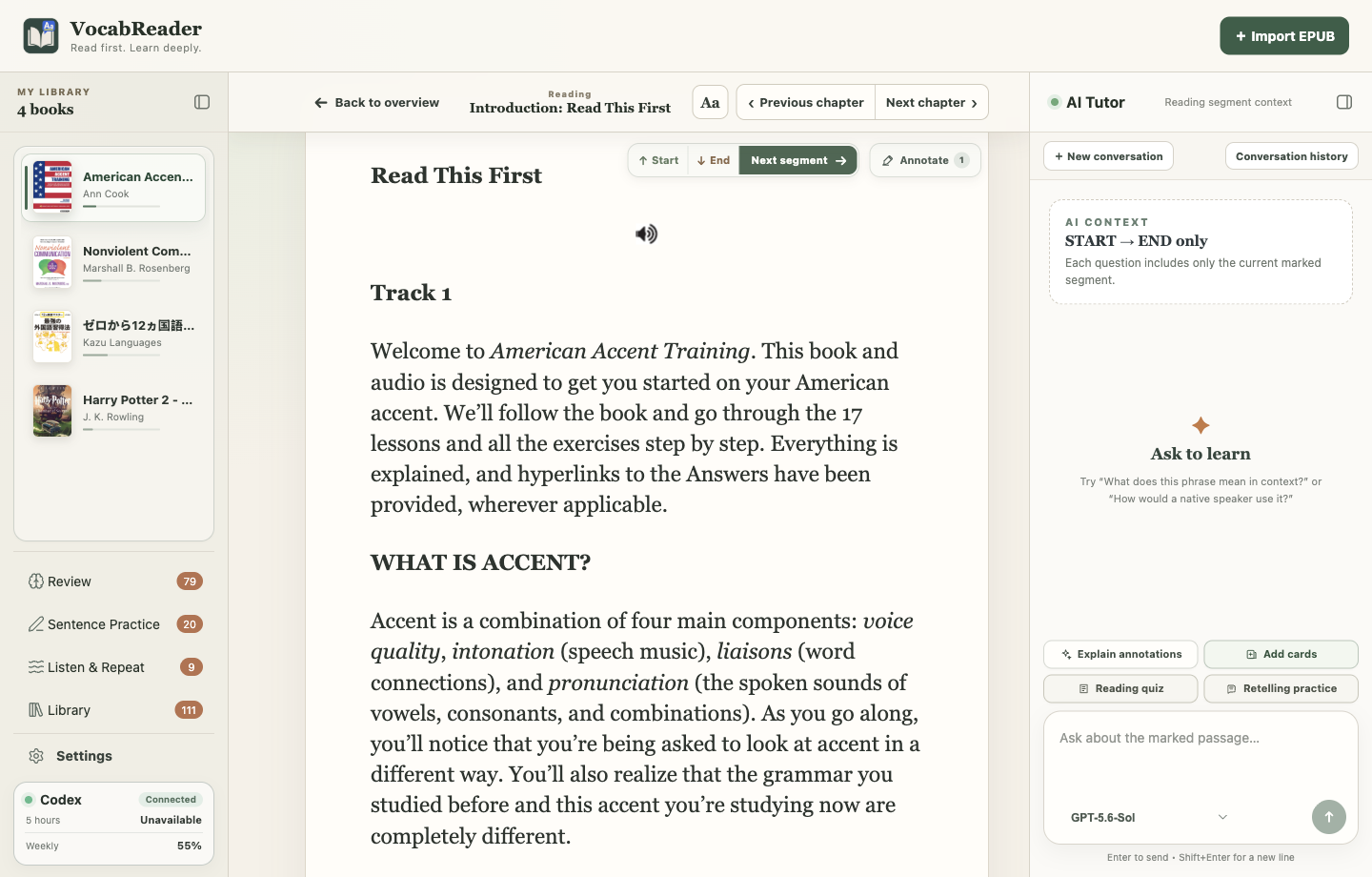 VocabReader showing an EPUB beside AI Tutor