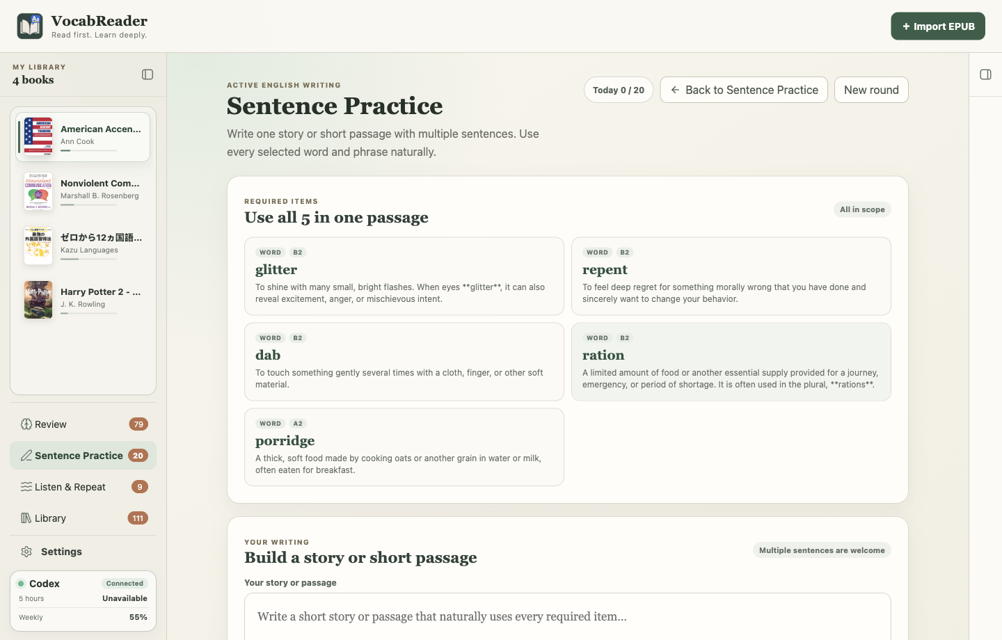 Sentence Practice using saved learning items