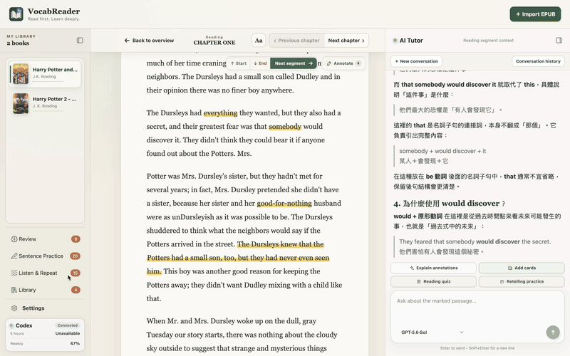 Switching between supported learning languages in VocabReader
